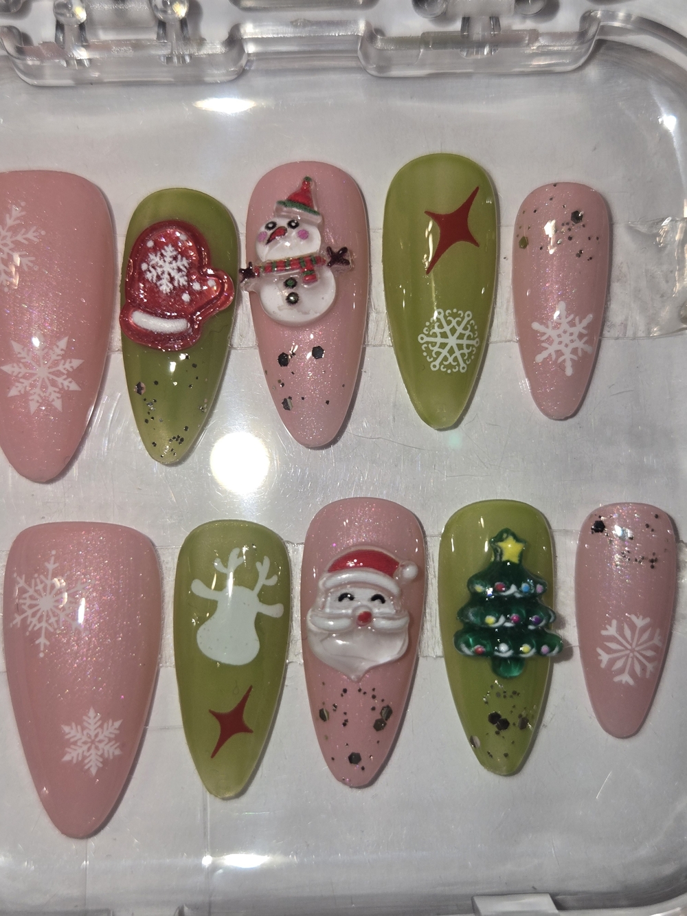 Hand Crafted Pink & Olive Green Holiday Press-On Nails